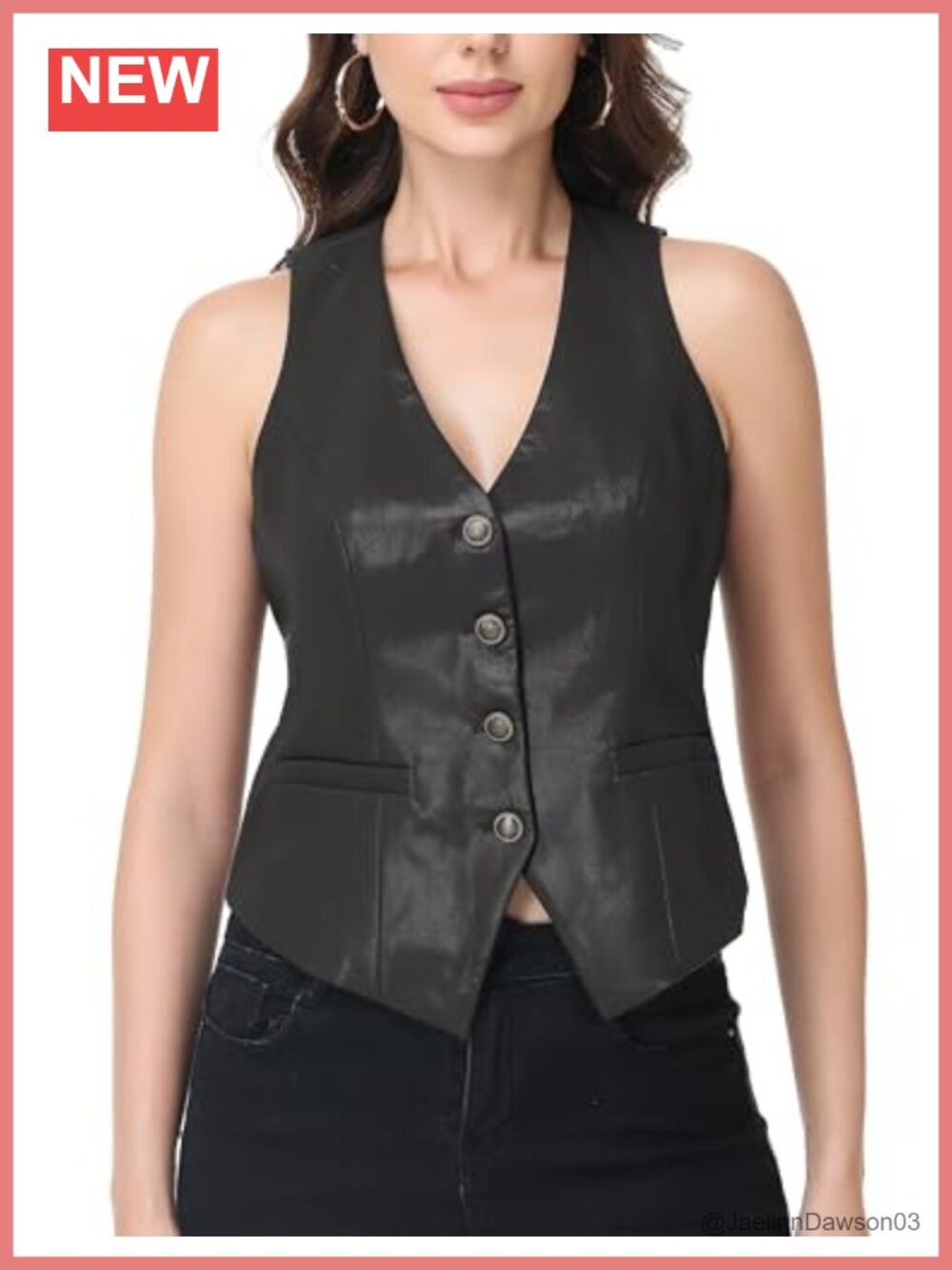 Faux Leather Vest Top V Neck Button Front Sleeveless Waistcoat